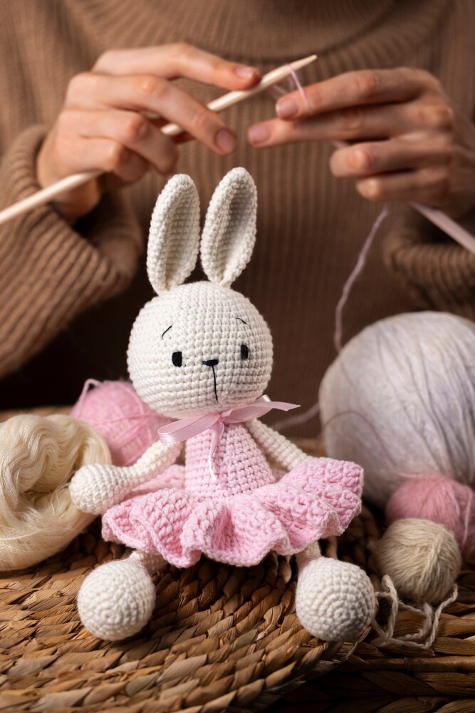 Still life of crochet plushies